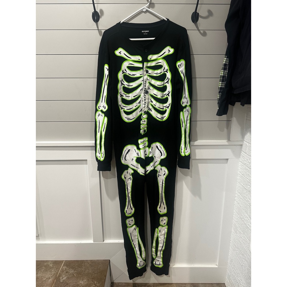 Old Navy Glow in the Dark Skeleton One Piece Pajamas Black Neon Green Men Medium